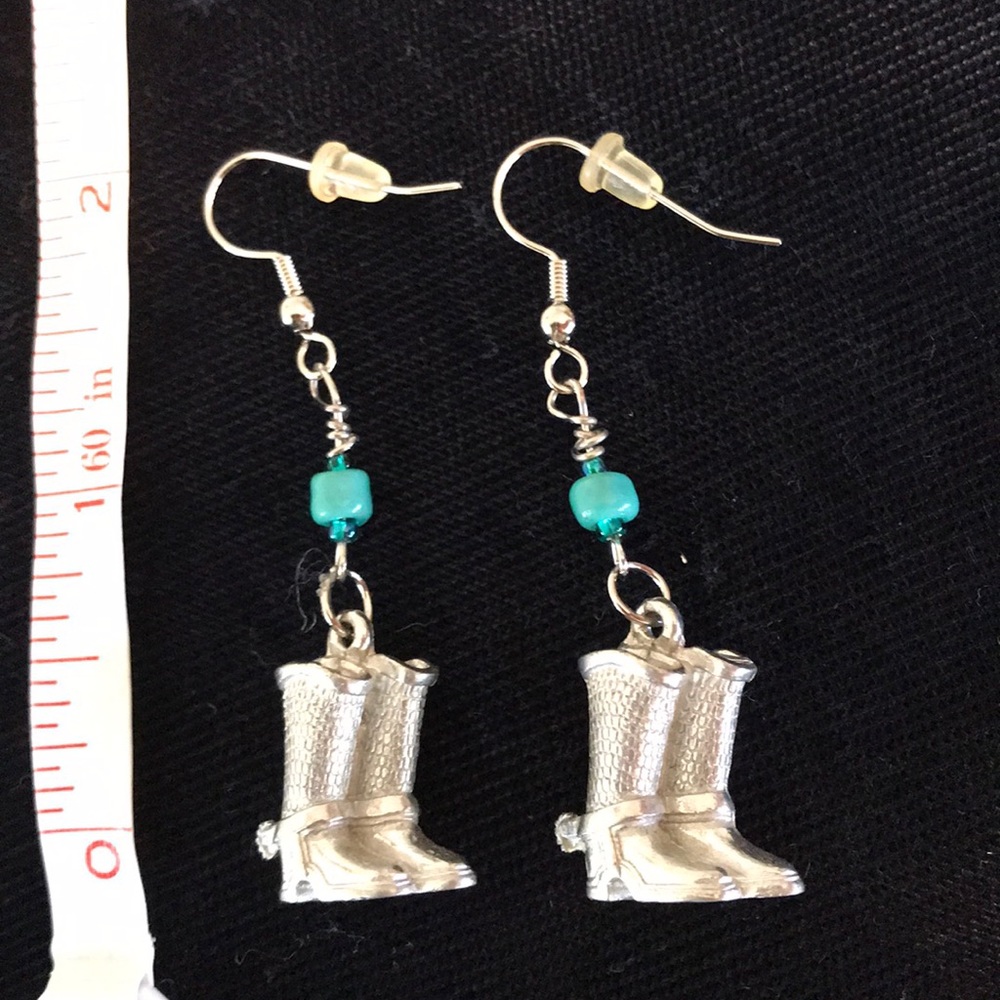 Silver color and green bead cowboy boot earrings